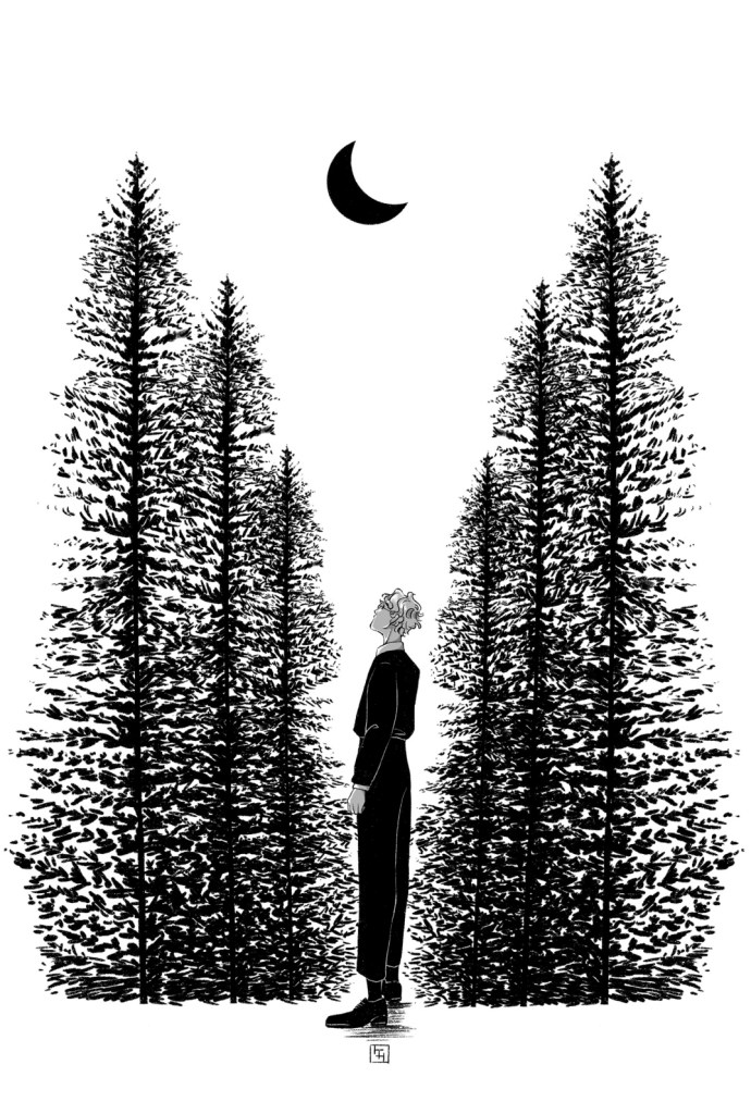 Schwarz weiß Zeichnung. Ein Mann steht im Wald und schaut auf den Mond.